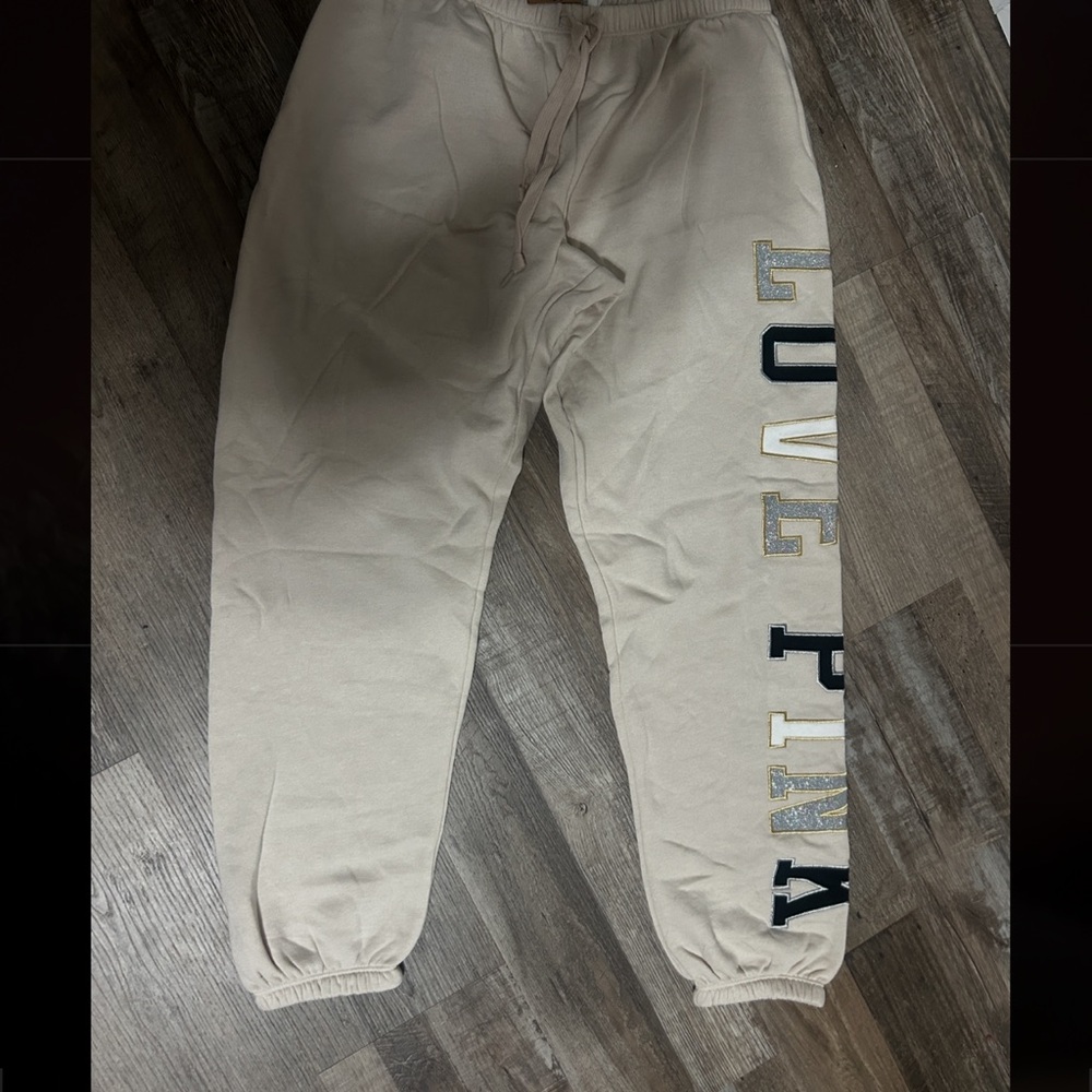 PINK Victoria's Secret Tan Joggers with Black Lettering